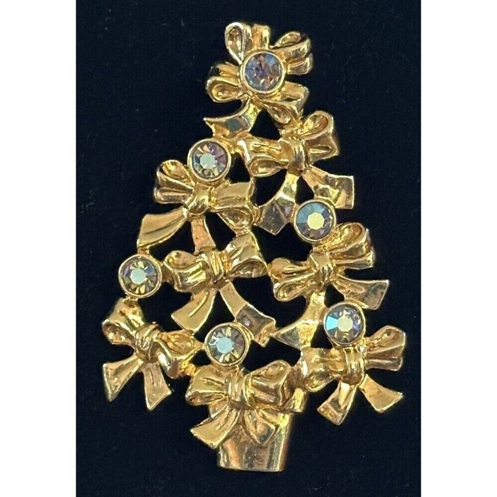 Vintage AVON Gold Tone-Bows Aurora Borealis Christmas Tree Brooch 1992